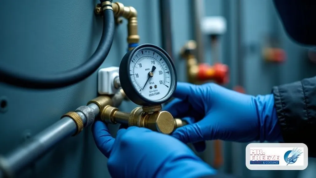 Mr. Freeze technician checking refrigerant pressures with a gauge manifold